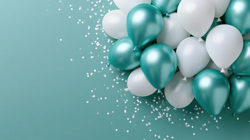 Cluster of teal metallic and white balloons with scattered confetti on a mint background