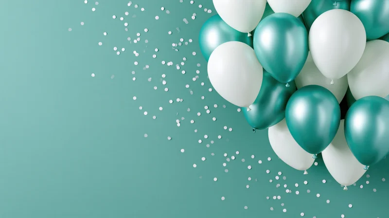 Cluster of teal metallic and white balloons with silver confetti on teal background