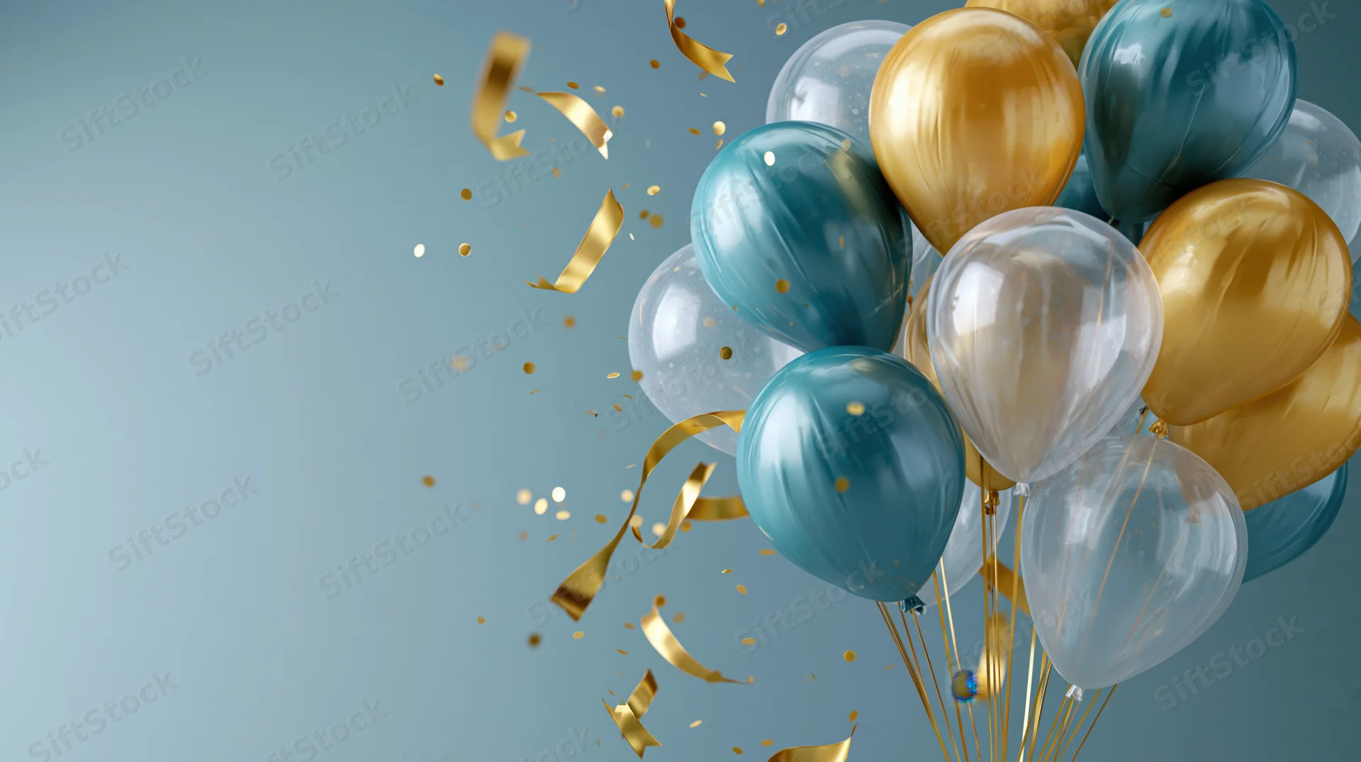Cluster of teal transparent and gold metallic balloons with confetti and ribbons floating against a blue background