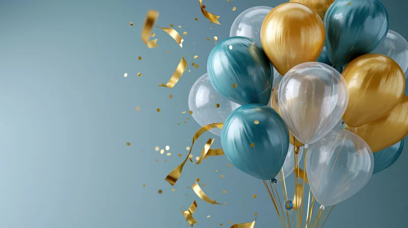 Cluster of teal transparent and gold metallic balloons with confetti and ribbons floating against a blue background