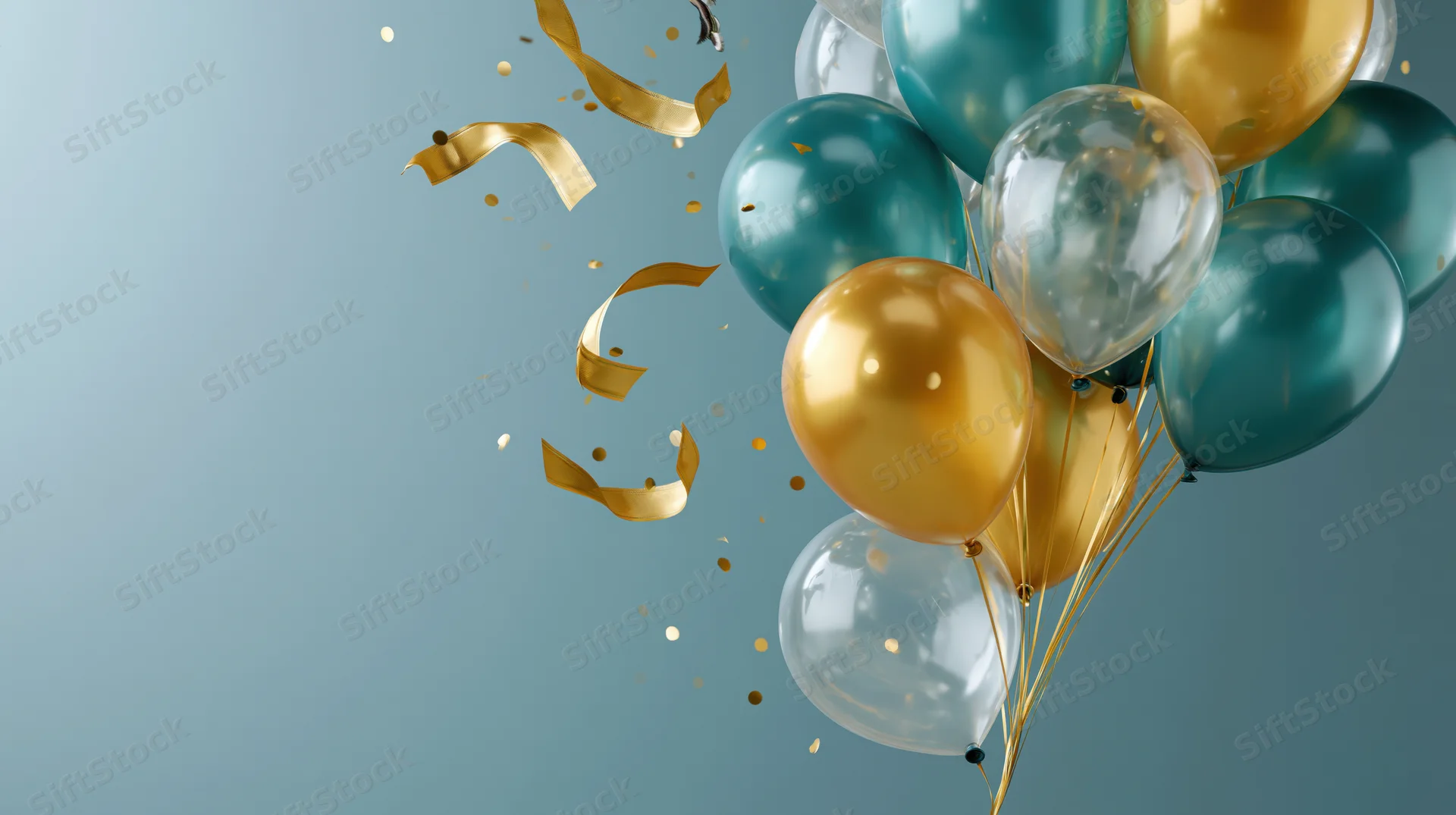Cluster of teal transparent and gold metallic balloons with confetti and ribbons floating against a light blue background