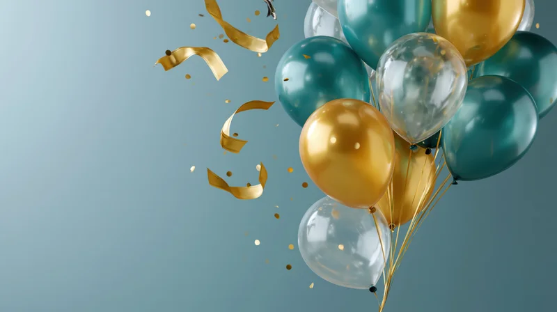 Cluster of teal transparent and gold metallic balloons with confetti and ribbons floating against a light blue background