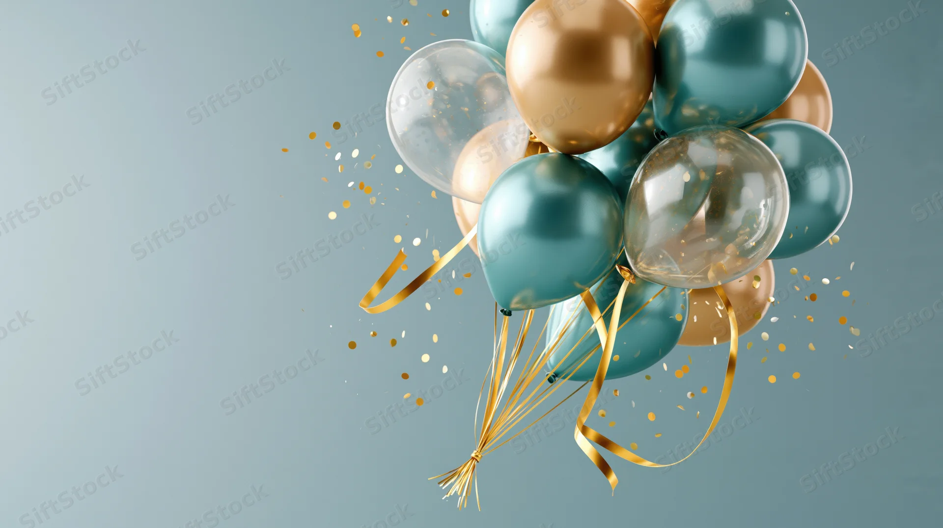 Cluster of teal transparent and gold metallic balloons with confetti and ribbons floating against a light blue gradient background
