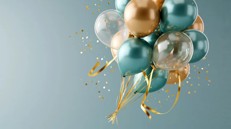 Cluster of teal transparent and gold metallic balloons with confetti and ribbons floating against a light blue gradient background