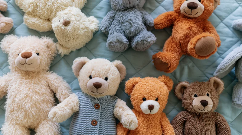 Multiple plush teddy bears in various colors and outfits arranged on a quilted blue blanket