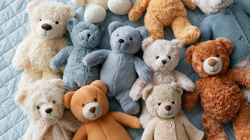 Multiple plush teddy bears in various colors and sizes arranged on a quilted blue blanket
