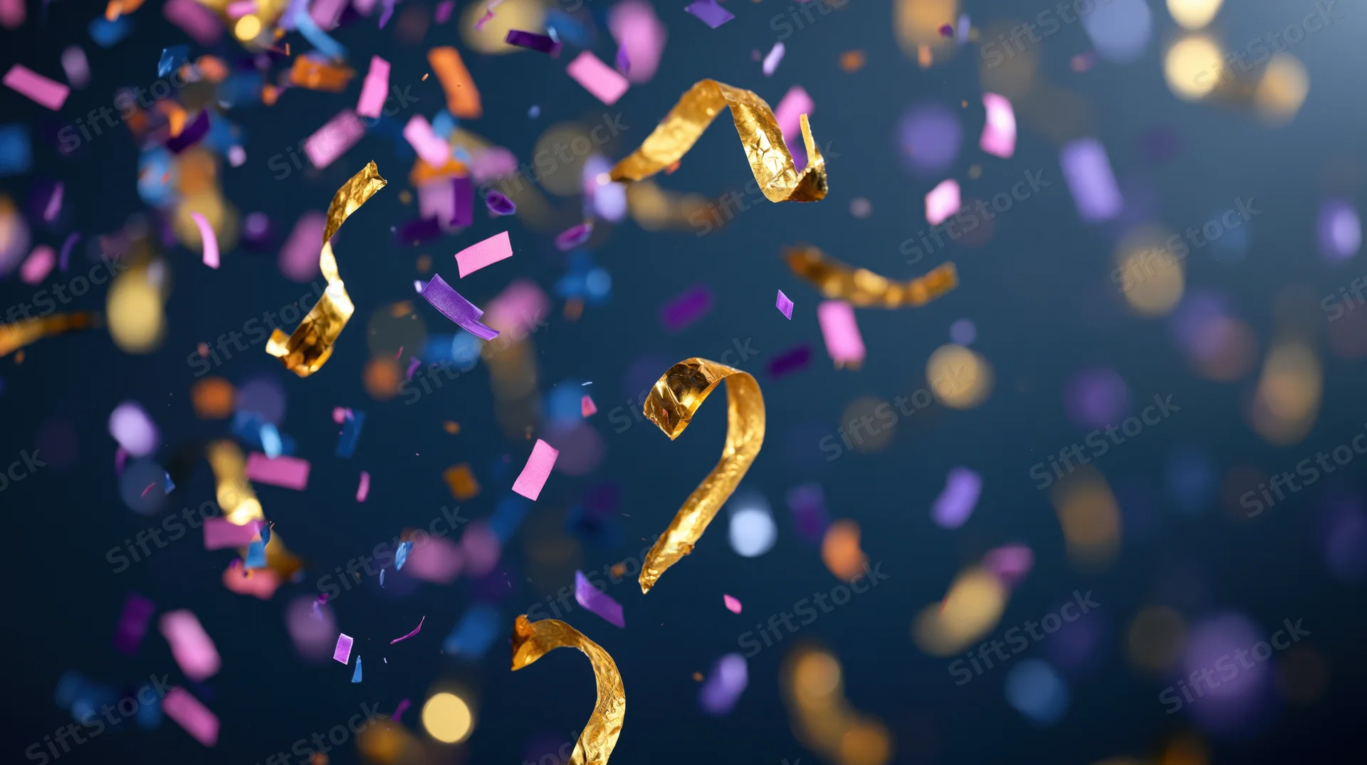 Colorful confetti and metallic foil streamers falling mid-air against a dark background with bokeh lights
