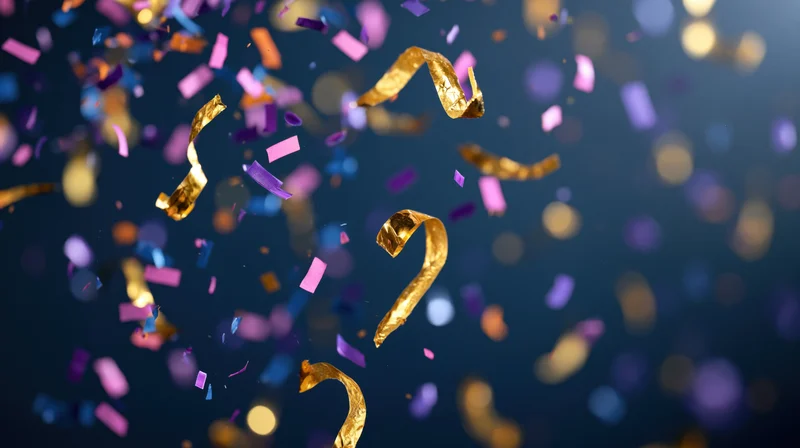 Colorful confetti and metallic foil streamers falling mid-air against a dark background with bokeh lights