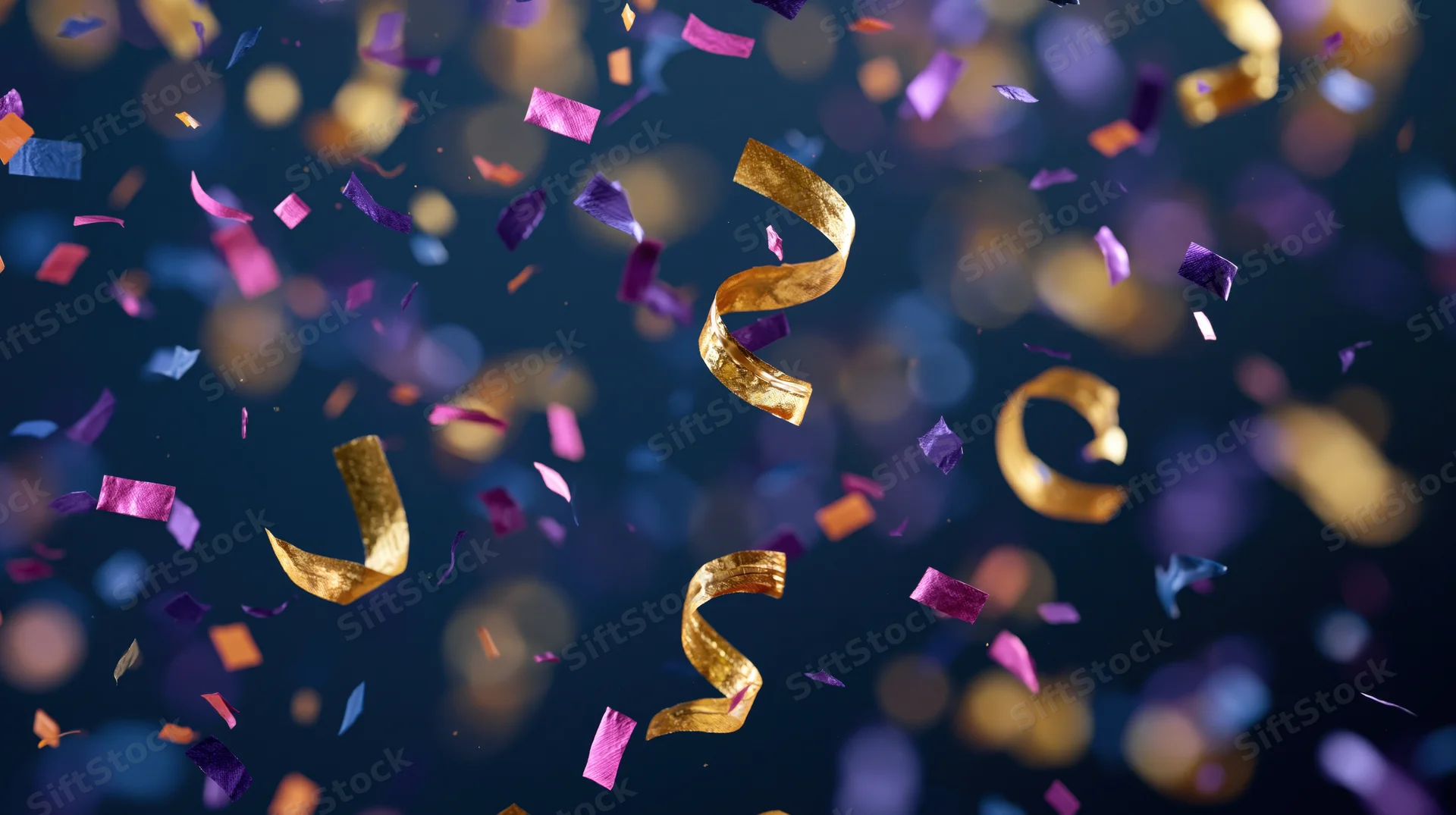 Colorful confetti and metallic foil streamers falling mid-air against a dark bokeh background