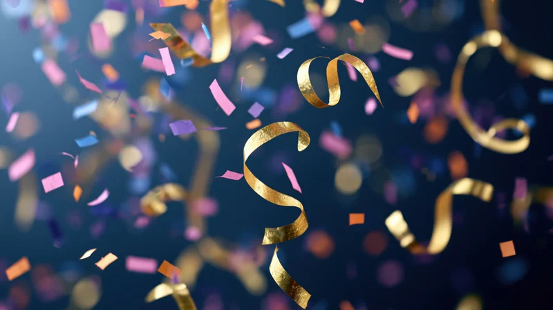 Colorful confetti and metallic foil streamers falling midair against a dark background
