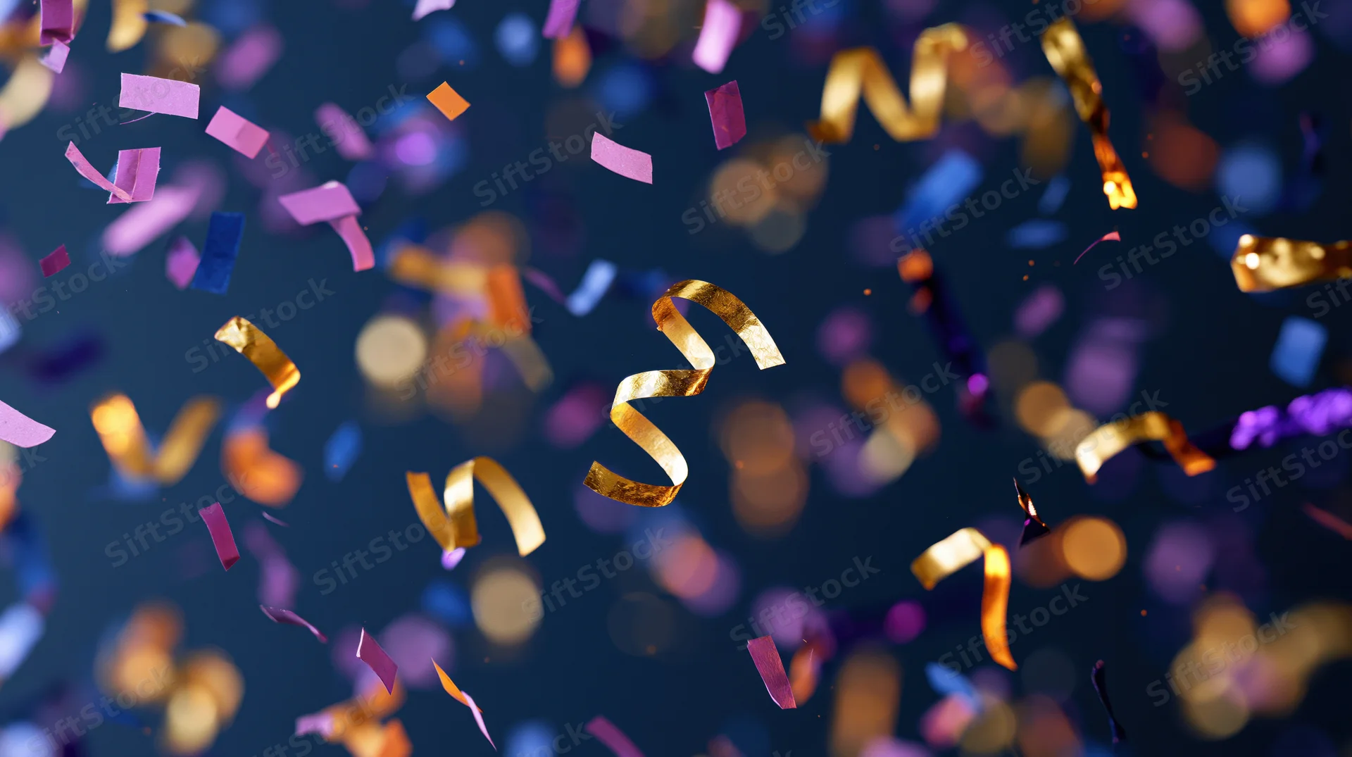 Colorful confetti and metallic foil streamers falling mid-air against a dark background with bokeh lights