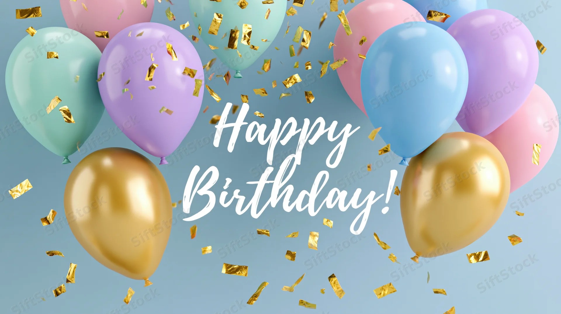 Colorful balloons floating with gold confetti and happy birthday text on light blue background