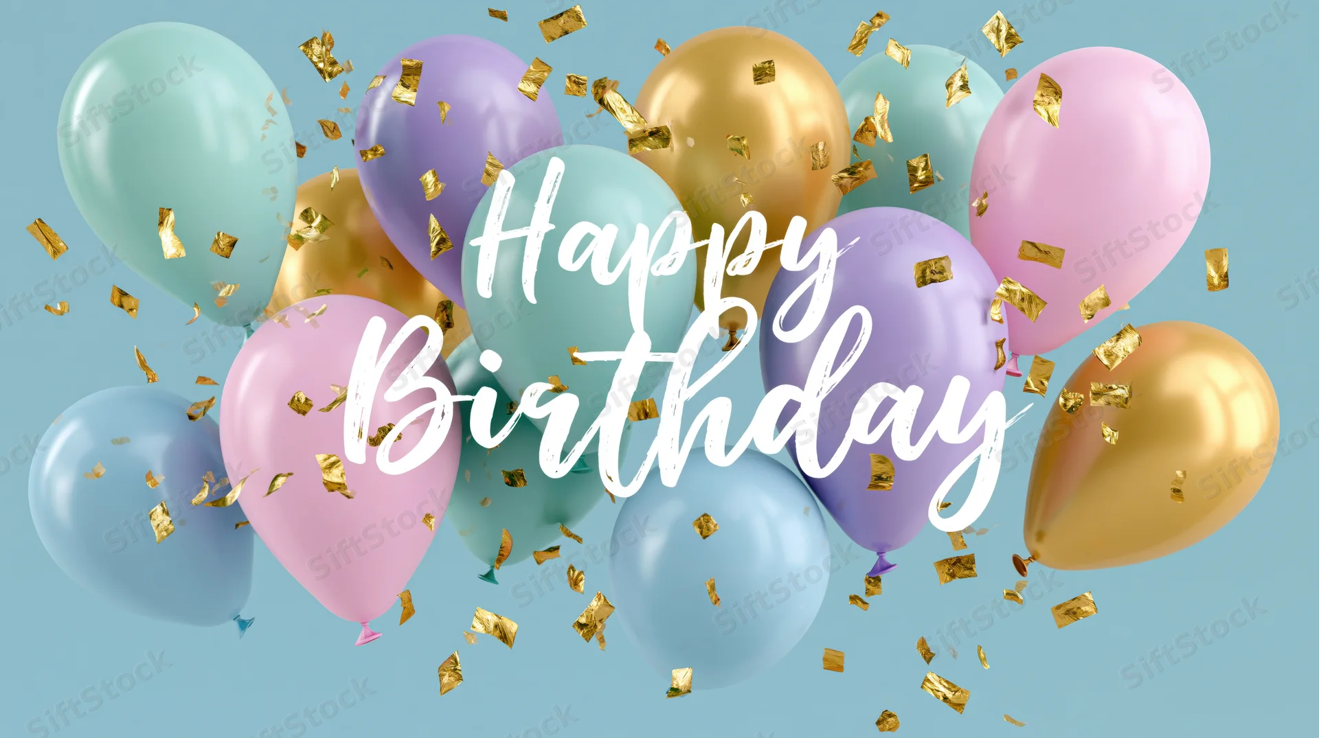 Colorful balloons with gold confetti and happy birthday text on light blue background