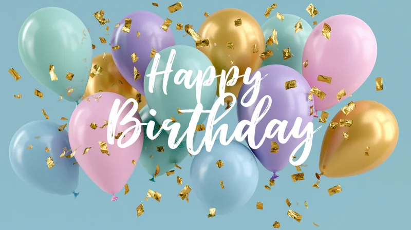 Colorful balloons with gold confetti and happy birthday text on light blue background