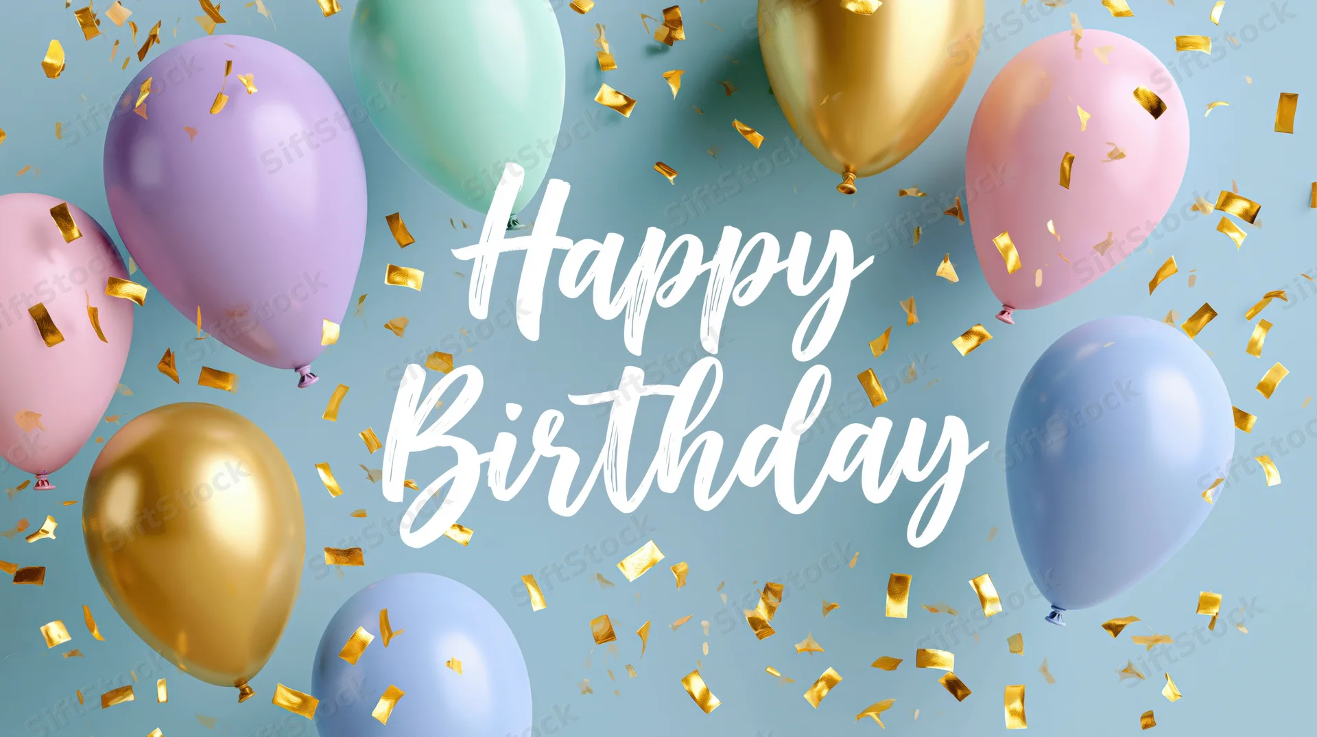 Colorful balloons and gold confetti floating around white cursive text reading happy birthday on a light blue background