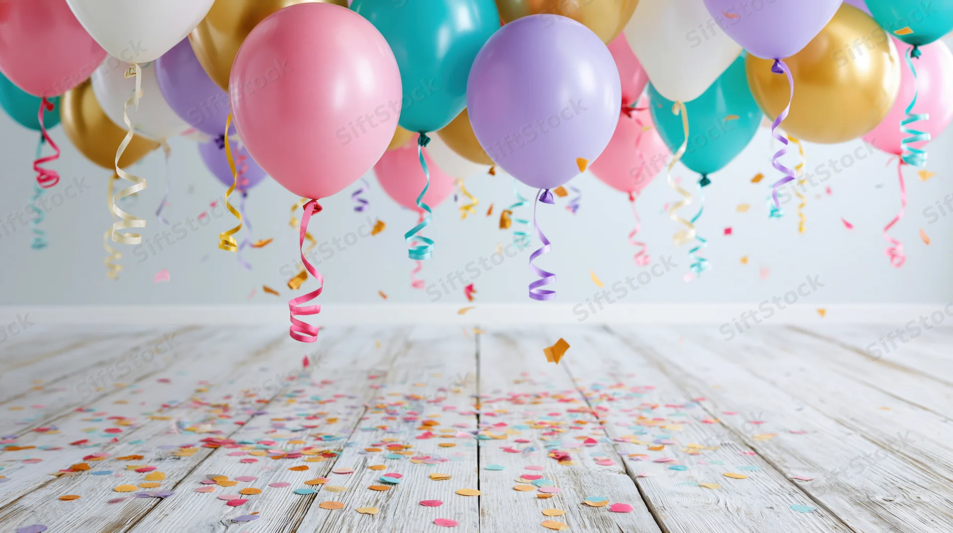 Colorful helium balloons floating above a wooden floor scattered with confetti