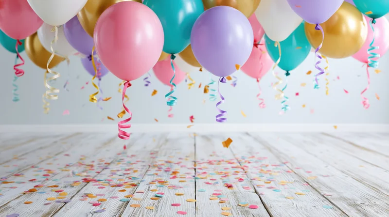 Colorful helium balloons floating above a wooden floor scattered with confetti