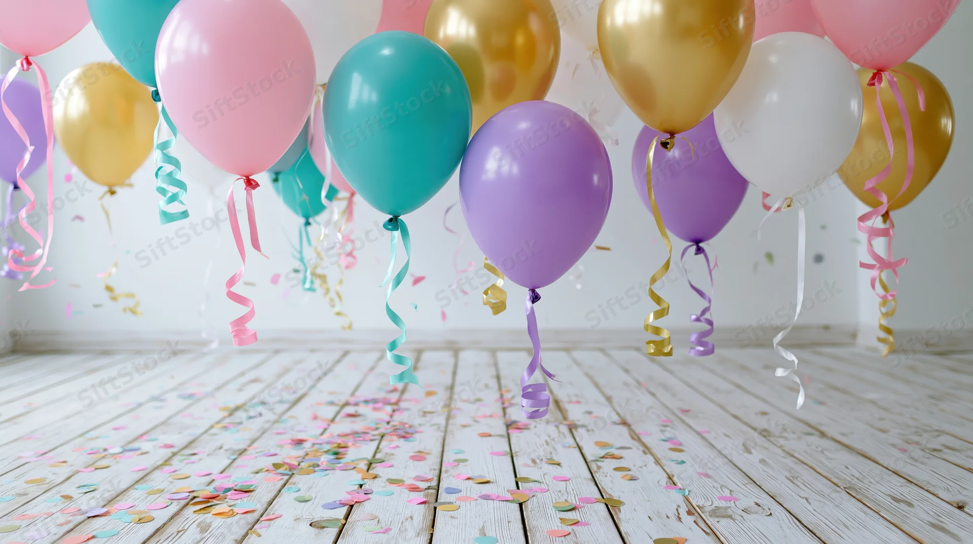 Colorful helium balloons floating above a wooden floor scattered with confetti