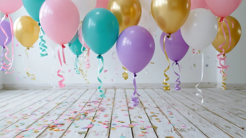 Colorful helium balloons floating above a wooden floor scattered with confetti