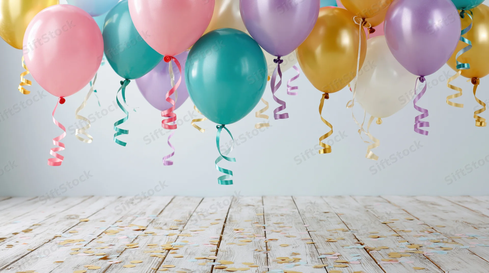 Colorful helium balloons floating above a wooden floor scattered with confetti