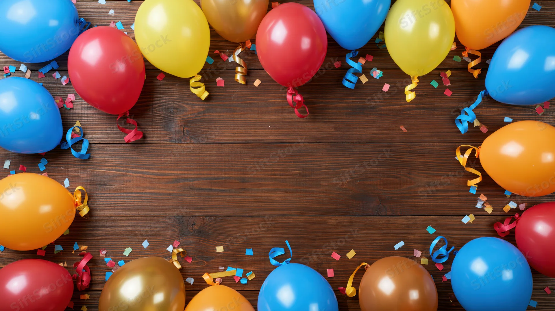 Colorful balloons and confetti arranged in a frame on a wooden table with copyspace in the center