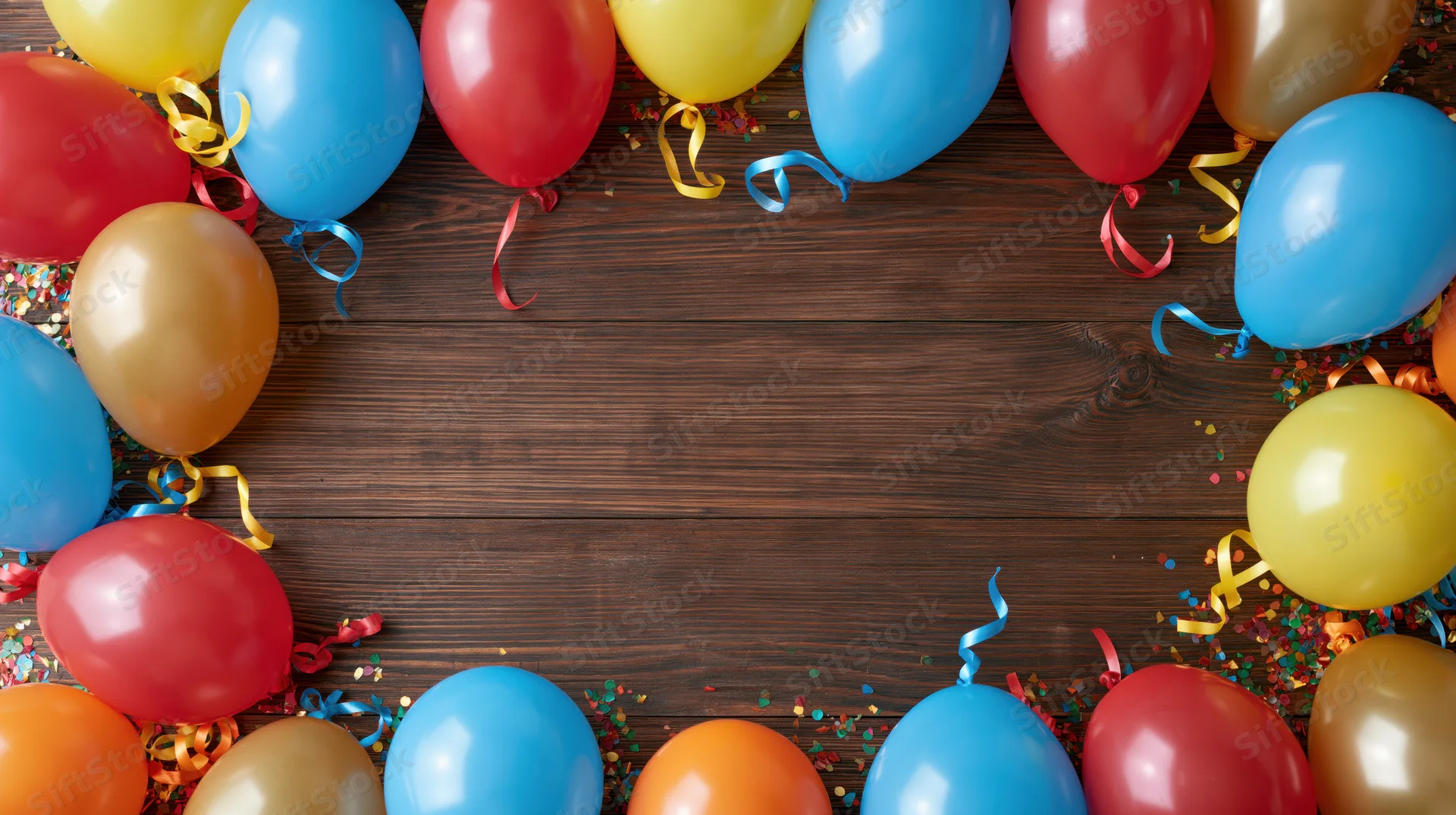 Colorful balloons and confetti arranged in a frame on a wooden surface with copyspace in the center