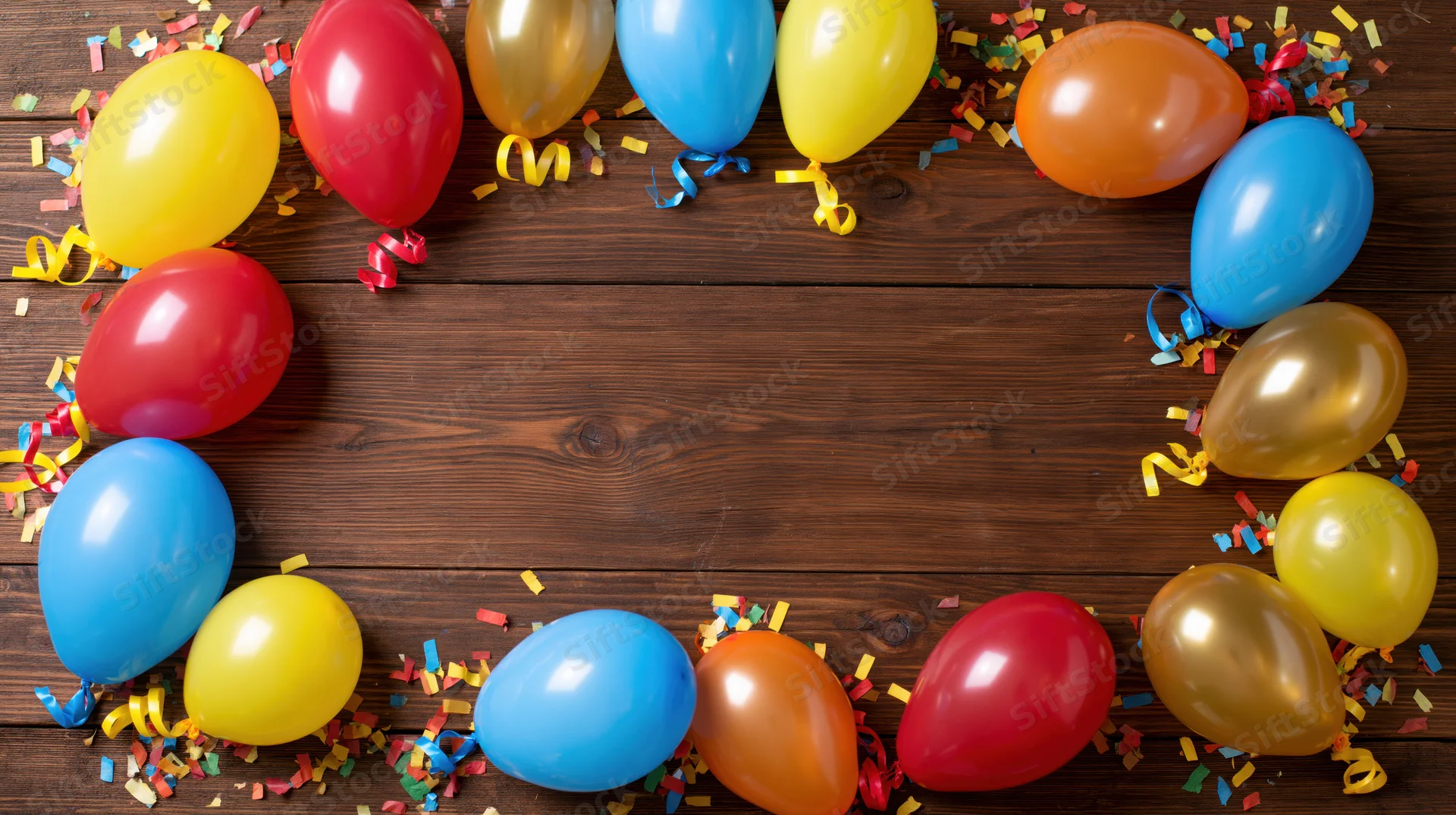 Colorful balloons and confetti arranged in a frame on a wooden table with copyspace in the center