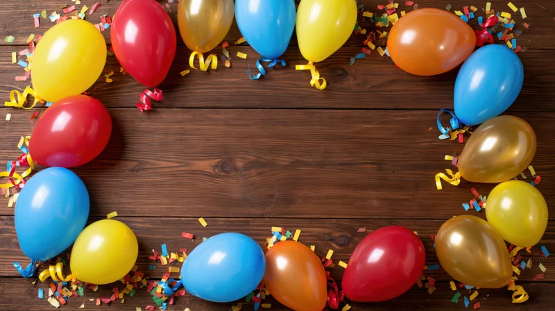 Colorful balloons and confetti arranged in a frame on a wooden table with copyspace in the center