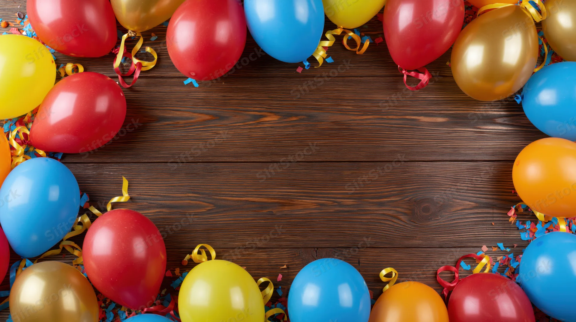 Colorful balloons and confetti arranged in a frame on dark wood surface
