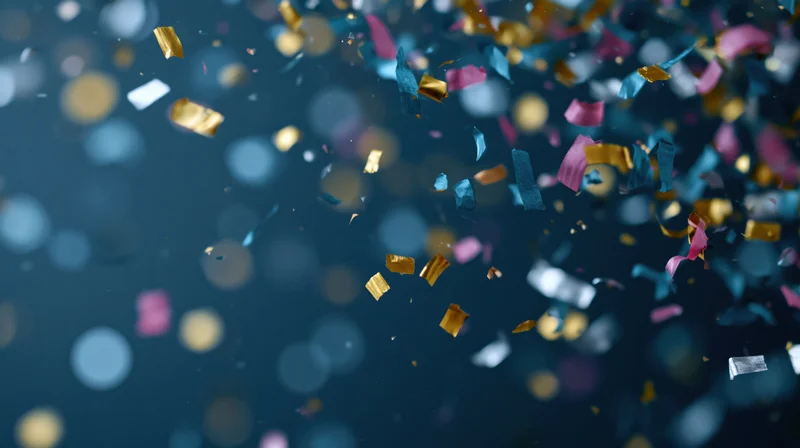 Colorful metallic confetti and ribbon streamers floating mid-air against a dark blue bokeh background
