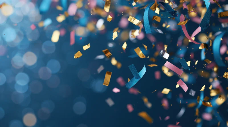 Colorful metallic confetti and ribbon streamers floating in mid-air against a blurred blue background