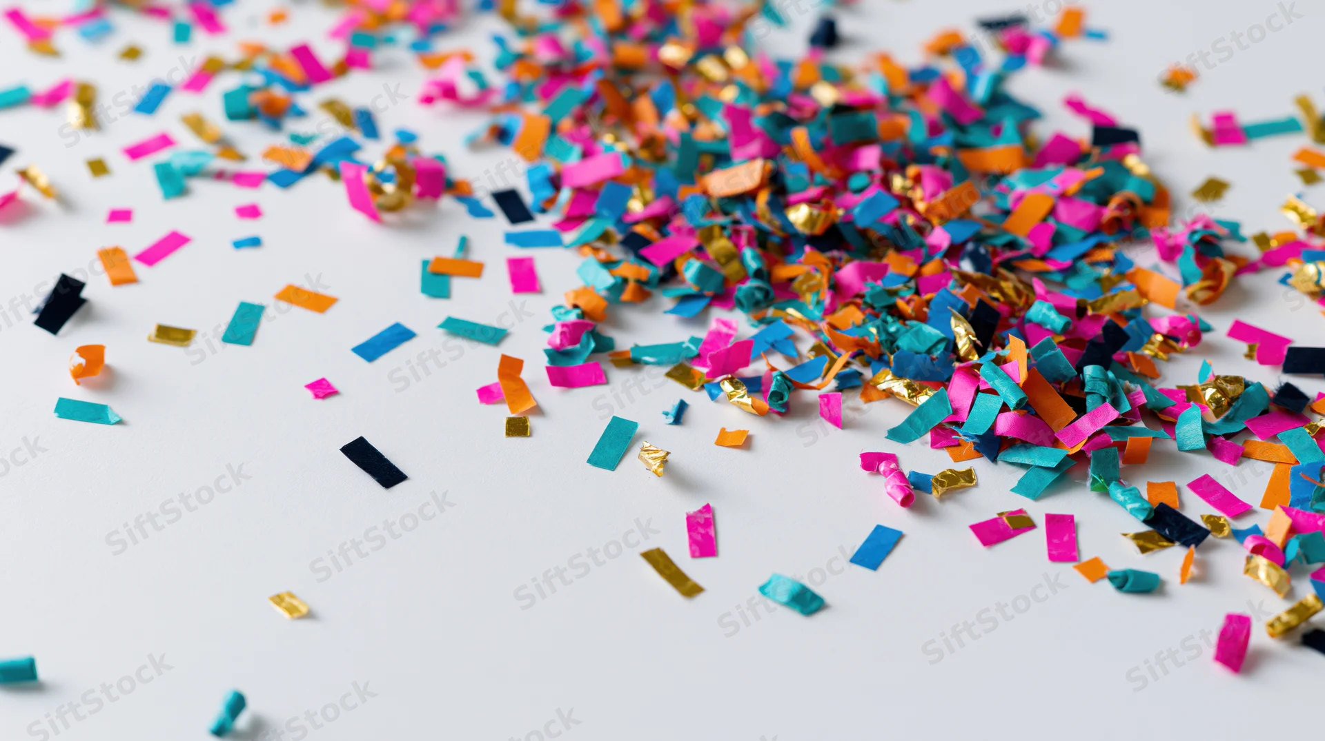 Colorful paper confetti scattered across a white surface in a flat lay view