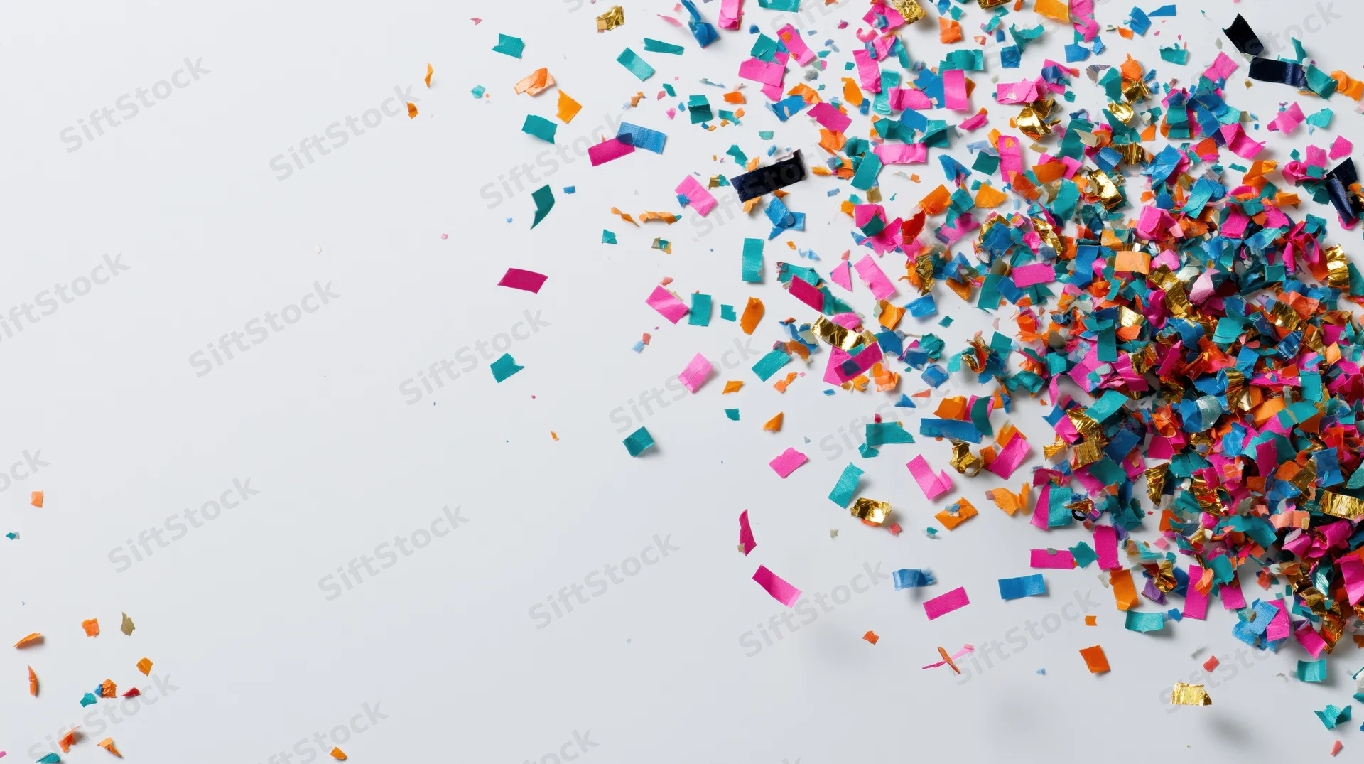 Colorful paper confetti scattered across a white surface with copyspace on the left