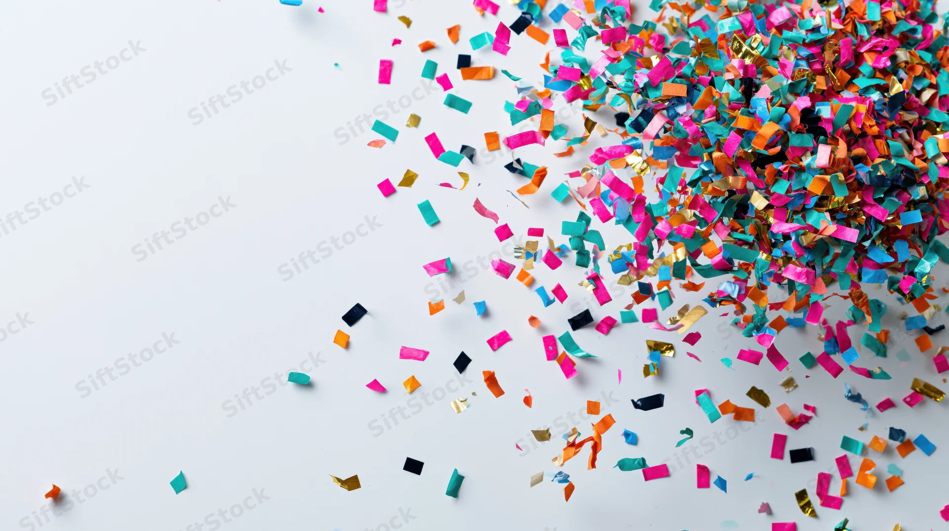 Colorful paper confetti pieces scattered across a white surface with copyspace on the left