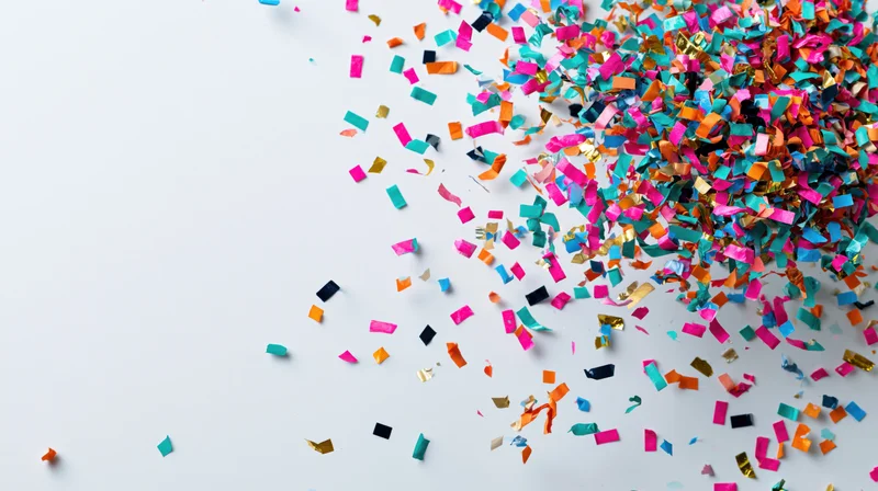 Colorful paper confetti pieces scattered across a white surface with copyspace on the left