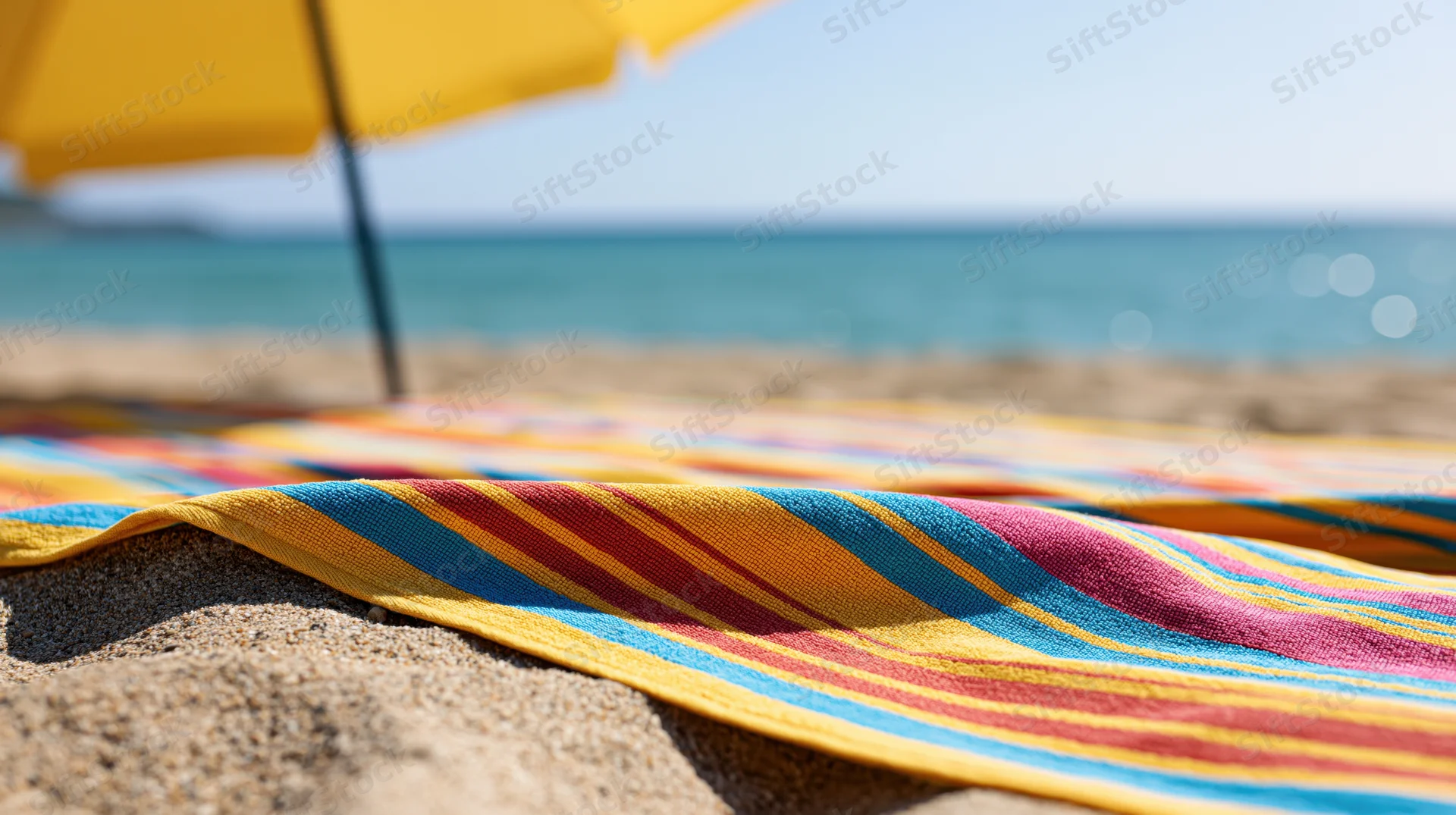 Colorful striped beach towel spread on sandy shore under yellow umbrella near ocean