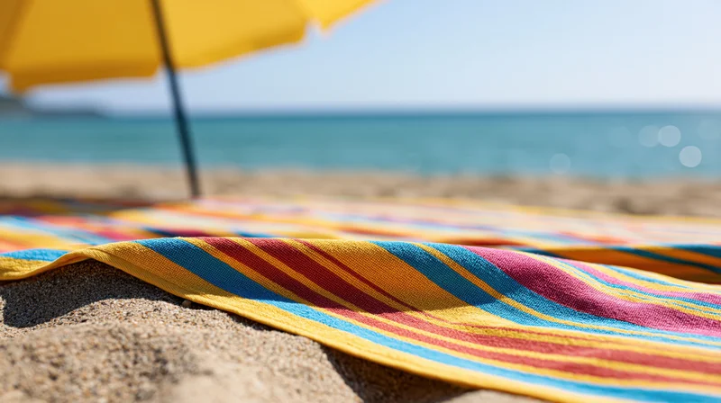 Colorful striped beach towel spread on sandy shore under yellow umbrella near ocean