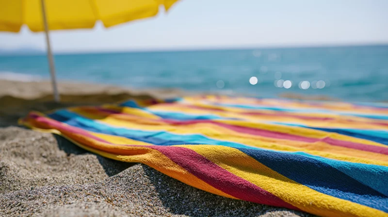 Colorful striped towel spread on sandy beach under yellow umbrella near ocean