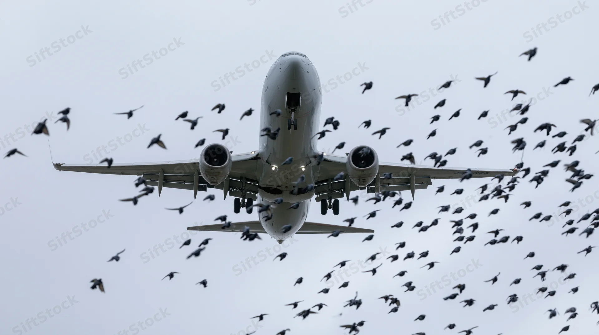 Commercial passenger jet on final approach surrounded by flock of birds in overcast sky