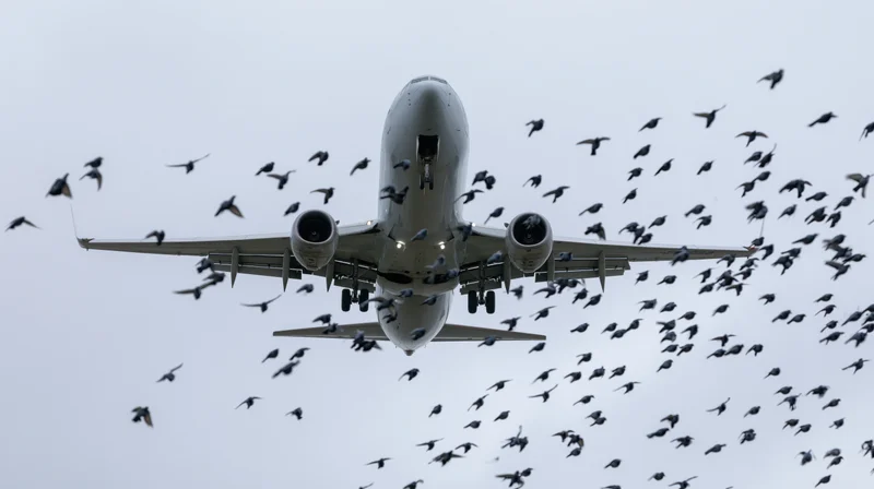 Commercial passenger jet on final approach surrounded by flock of birds in overcast sky