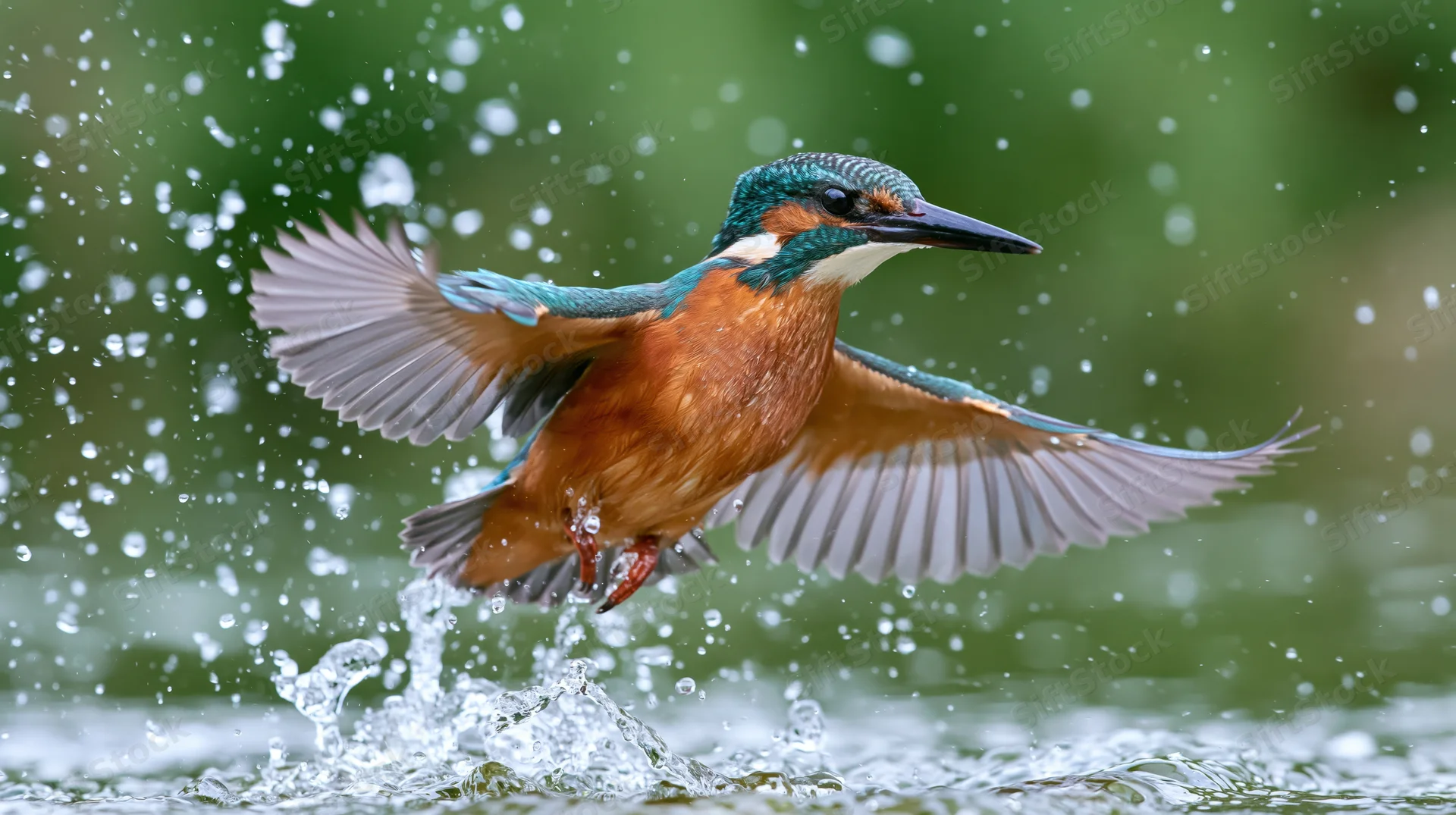 Kingfisher bursting upward from river surface with wings spread and water splashing around it