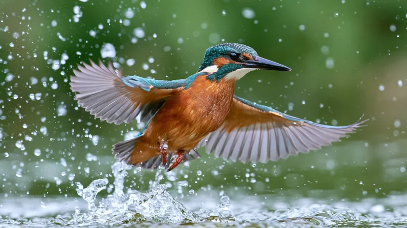 Kingfisher bursting upward from river surface with wings spread and water splashing around it