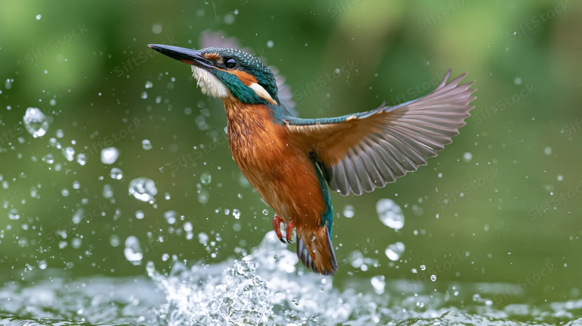 Kingfisher bursting upward from river surface with wings spread and water splashing around it