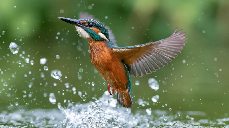 Kingfisher bursting upward from river surface with wings spread and water splashing around it