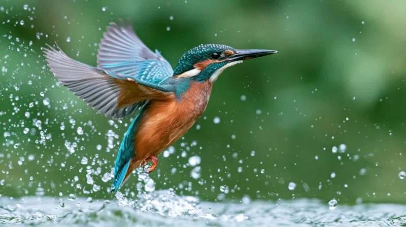 Kingfisher bursting upward from river surface with wings spread and water splashing around it