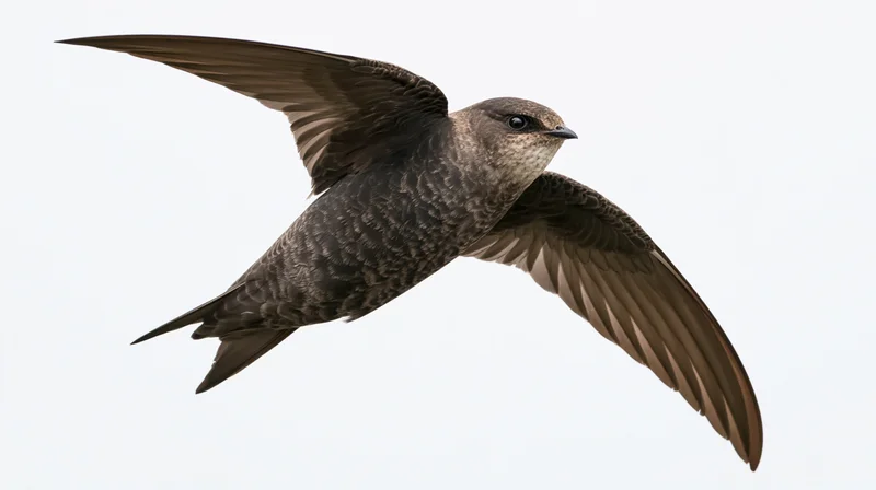 Common swift in mid-flight with wings fully extended against white background