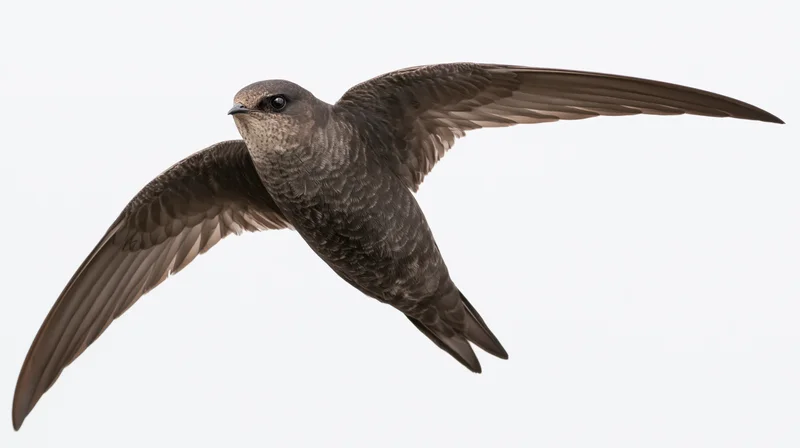 Common swift in mid-flight with wings fully extended against white background