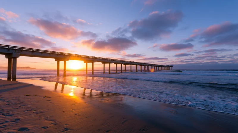 Long concrete pier extending over ocean at sunset with waves lapping sandy beach and colorful sky reflection
