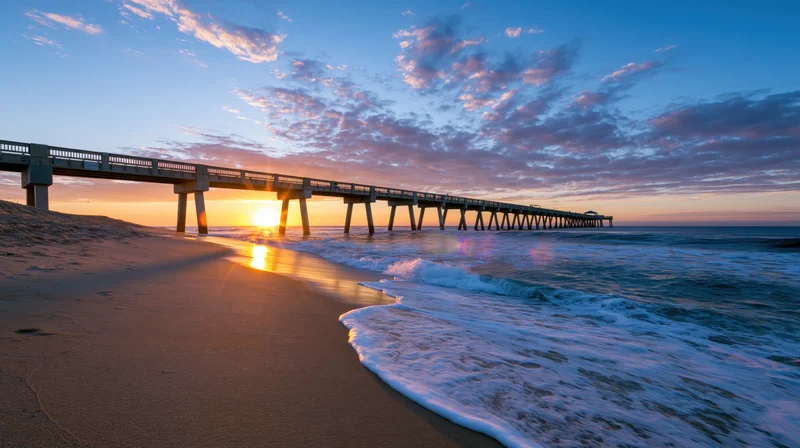 Long concrete pier extending over ocean at sunset with waves washing onto sandy beach