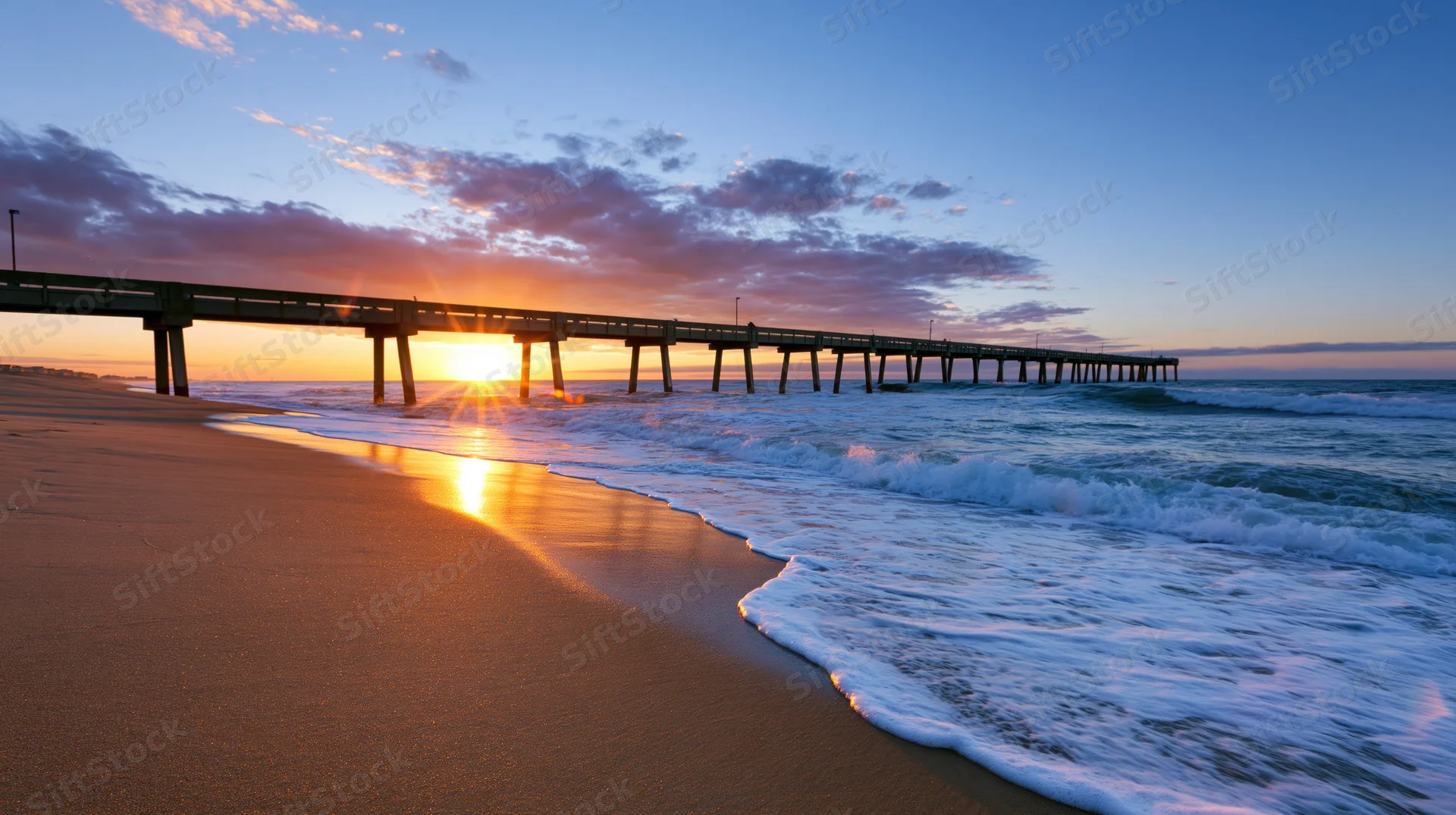 Long concrete fishing pier extending over ocean at sunset with waves washing onto sandy beach